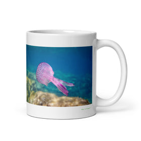 11 oz. white ceramic jellyfish mug showing a jellyfish in its natural habitat