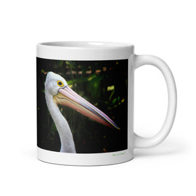 11 oz. white ceramic pelican mug showing a pelican in its natural habitat