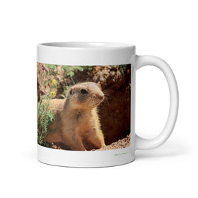 11 oz. white ceramic prairie dog mug showing a prairie dog in its natural habitat