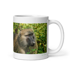 11 oz. white ceramic chacma baboon mug showing a chacma baboon in its natural habitat
