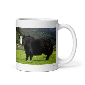 11 oz. white ceramic yak mug showing a yak in its natural habitat