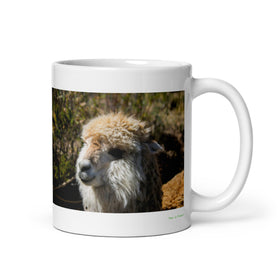 11 oz. white ceramic alpaca mug showing an alpaca in its natural habitat