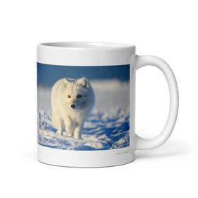 11 oz. white ceramic arctic fox mug showing an arctic fox in its natural habitat