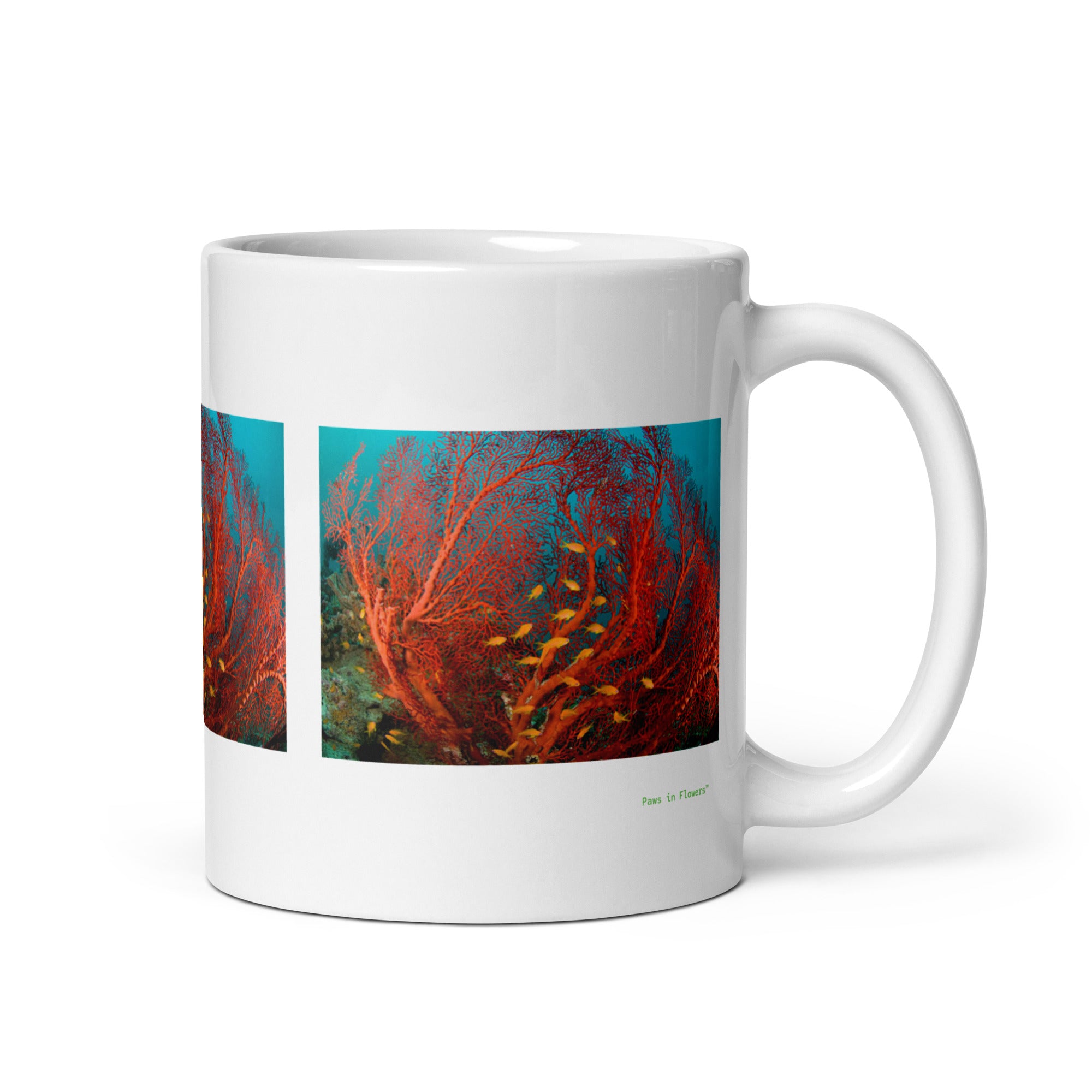 11 oz. white ceramic coral  mug showing a coral in its natural habitat