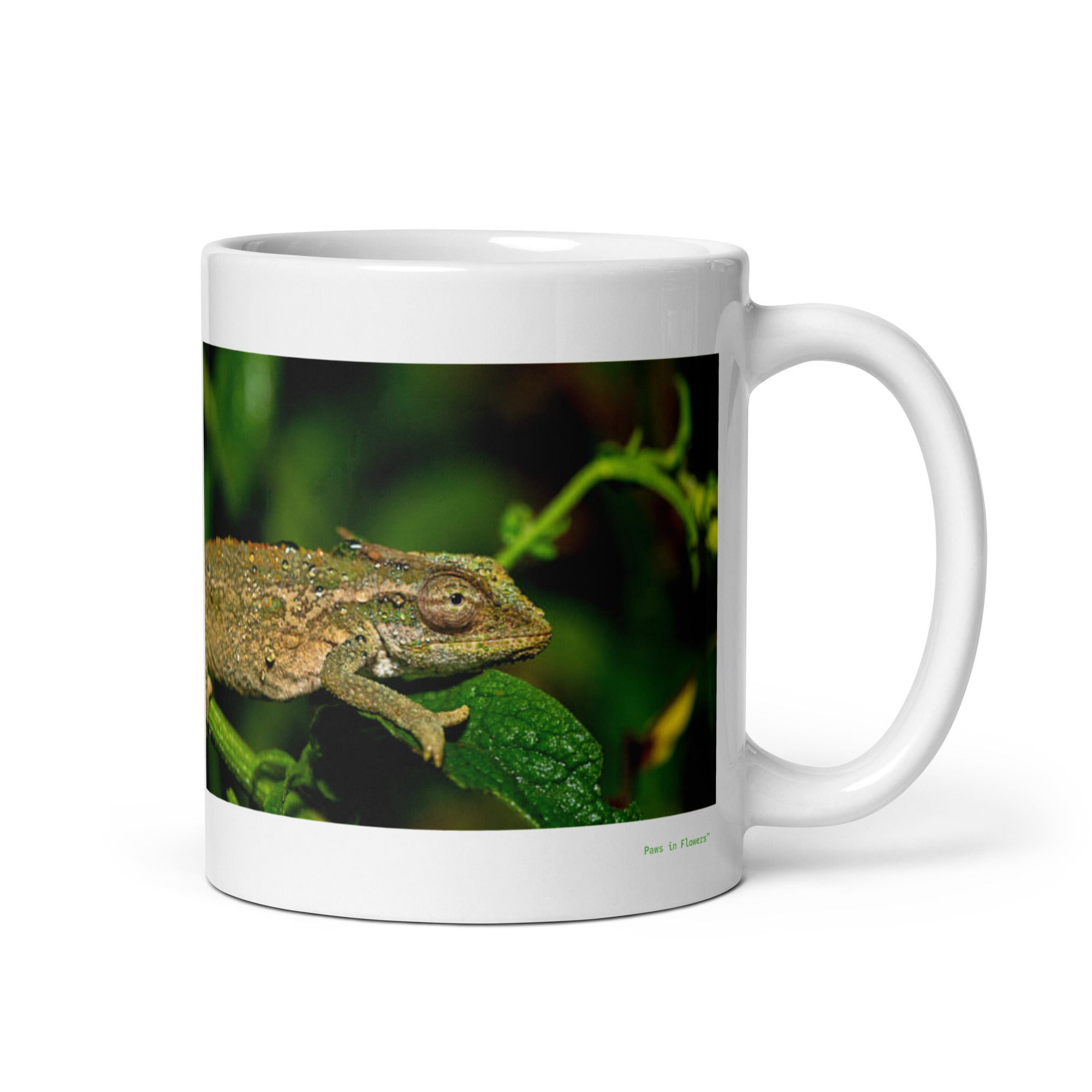 11 oz. white ceramic chameleon mug showing a chameleon in its natural habitat