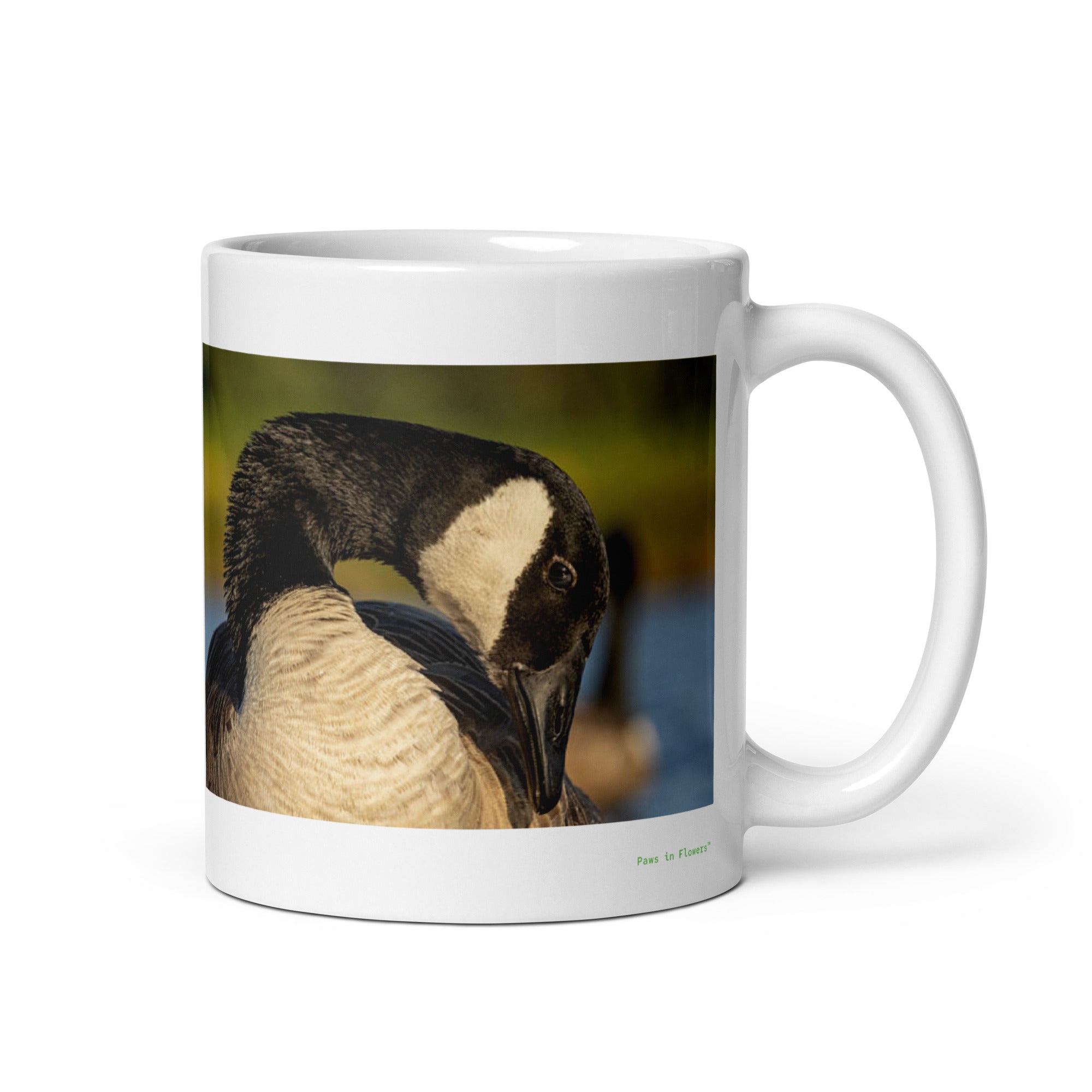 11 oz. white ceramic goose mug showing a goose in its natural habitat