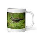 11 oz. white ceramic hadada ibis mug showing a hadada ibis in its natural habitat