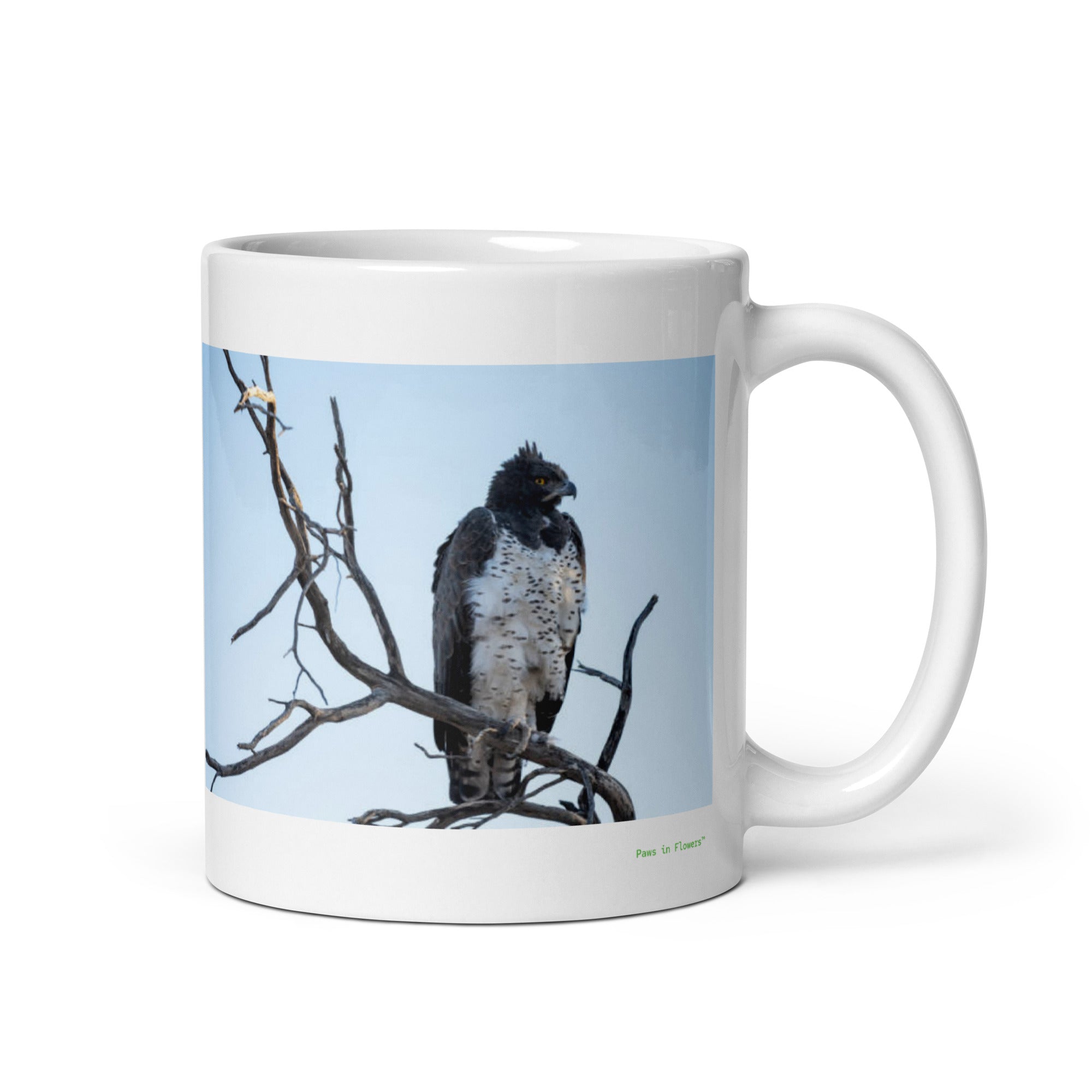 11 oz. white ceramic martial eagle mug showing a martial eagle in its natural habitat