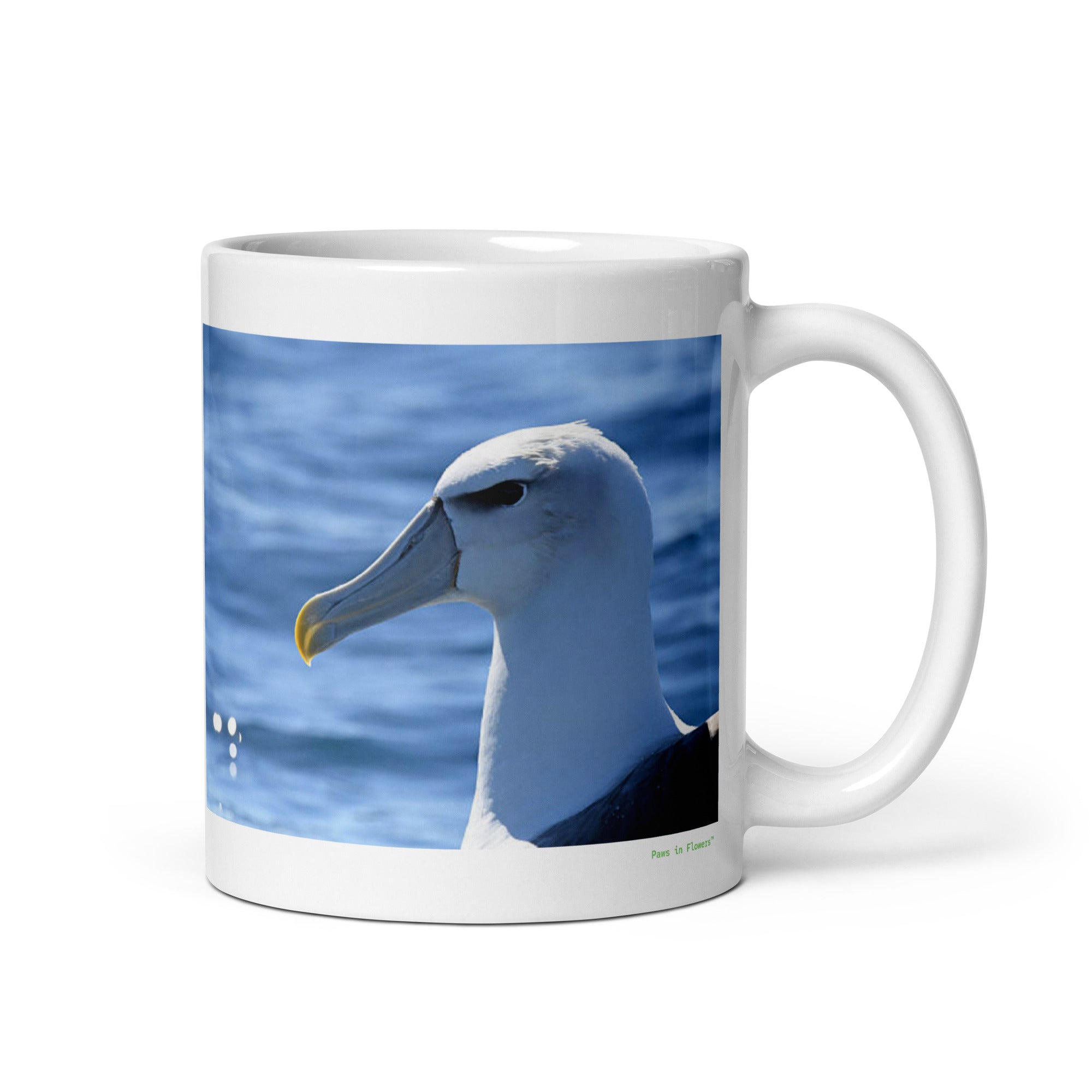 11 oz. white ceramic albatross mug showing an albatross in its natural habitat