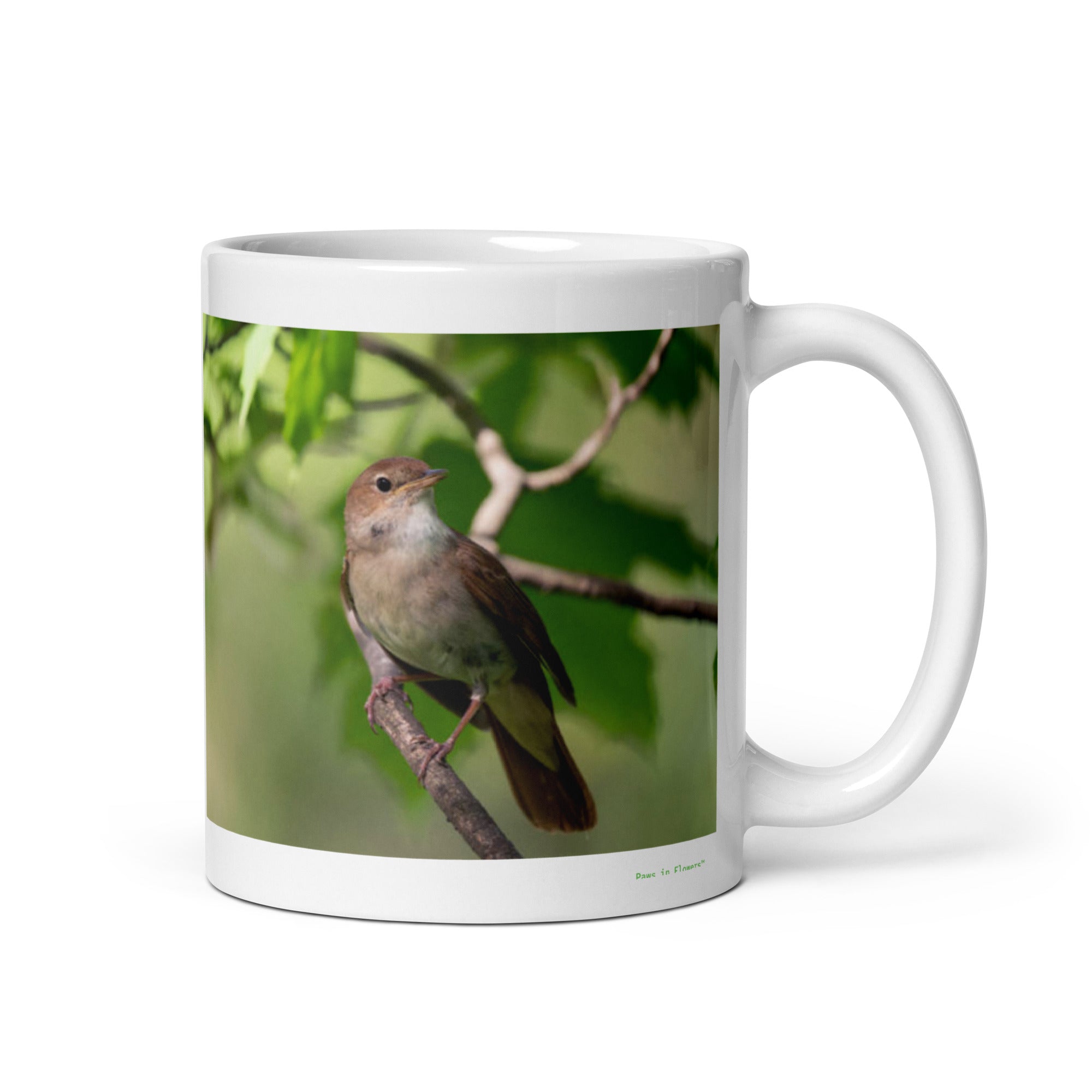 11 oz. white ceramic nightingale mug showing a nightingale in its natural habitat