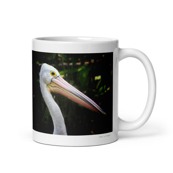11 oz. white ceramic pelican mug showing a pelican in its natural habitat