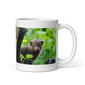 11 oz. white ceramic mongoose mug showing a mongoose in its natural habitat