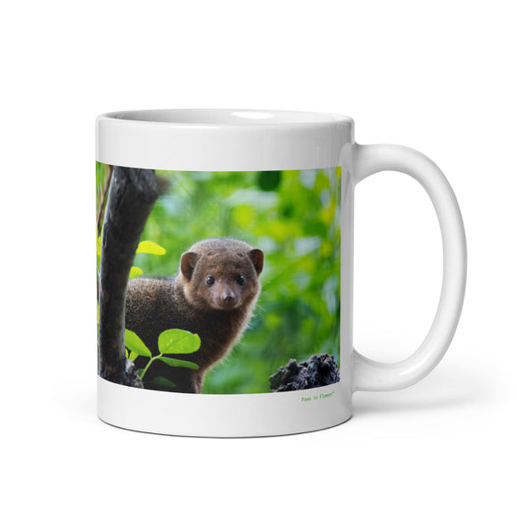 11 oz. white ceramic mongoose mug showing a mongoose in its natural habitat