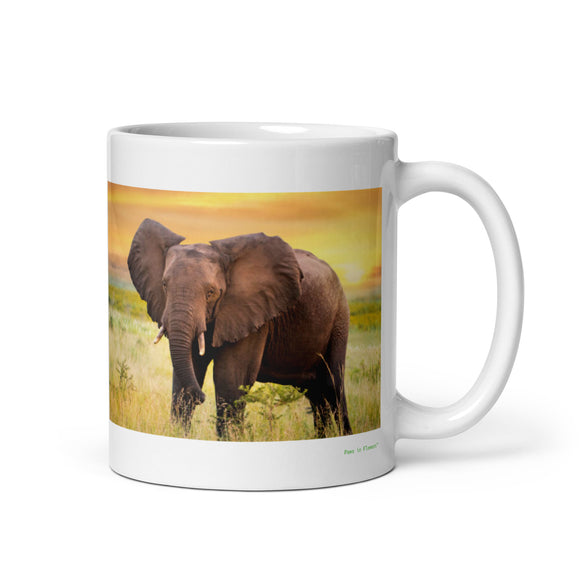 11 oz. white ceramic elephant mug showing an elephant in its natural habitat
