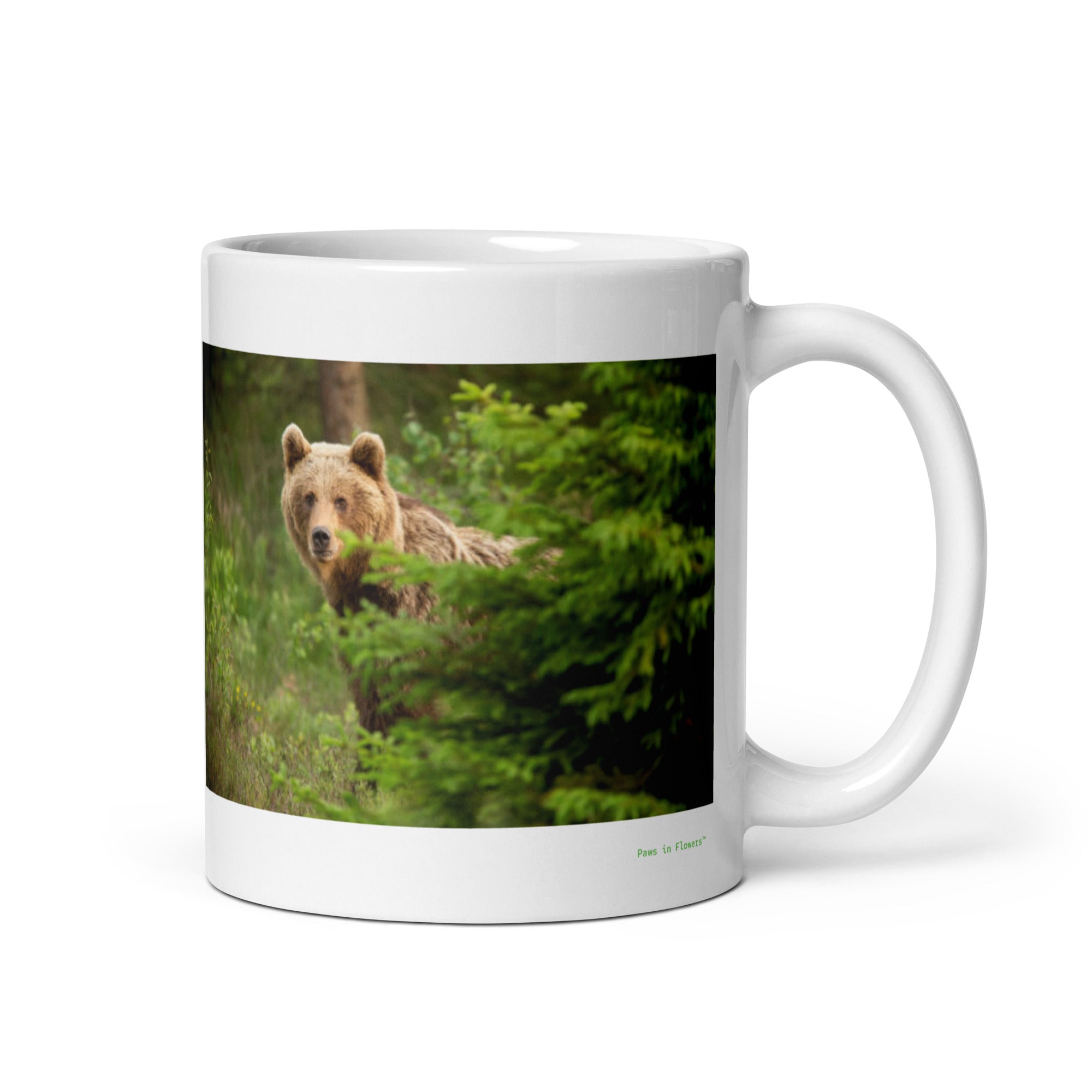 11 oz. white ceramic bear mug showing a bear in its natural habitat