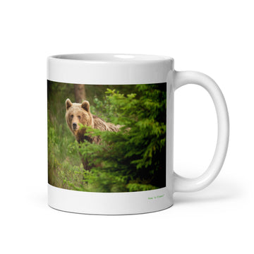 11 oz. white ceramic bear mug showing a bear in its natural habitat