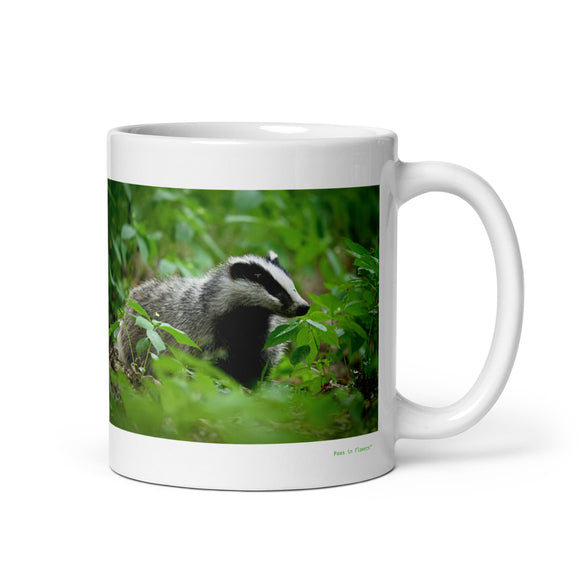11 oz. white ceramic badger mug showing a badger in its natural habitat