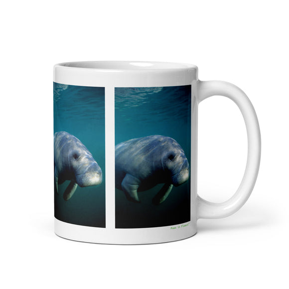 11 oz. white ceramic manatee mug showing a manatee in its natural habitat
