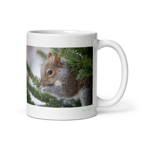 11 oz. white ceramic squirrel mug showing a squirrel in its natural habitat