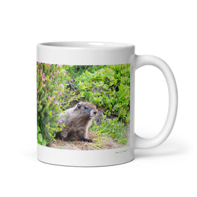 11 oz. white ceramic groundhog mug showing a groundhog in its natural habitat