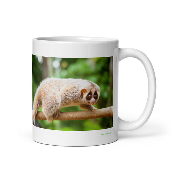 11 oz. white ceramic loris mug showing a loris in its natural habitat