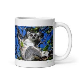 11 oz. white ceramic lemur mug showing a lemur in its natural habitat