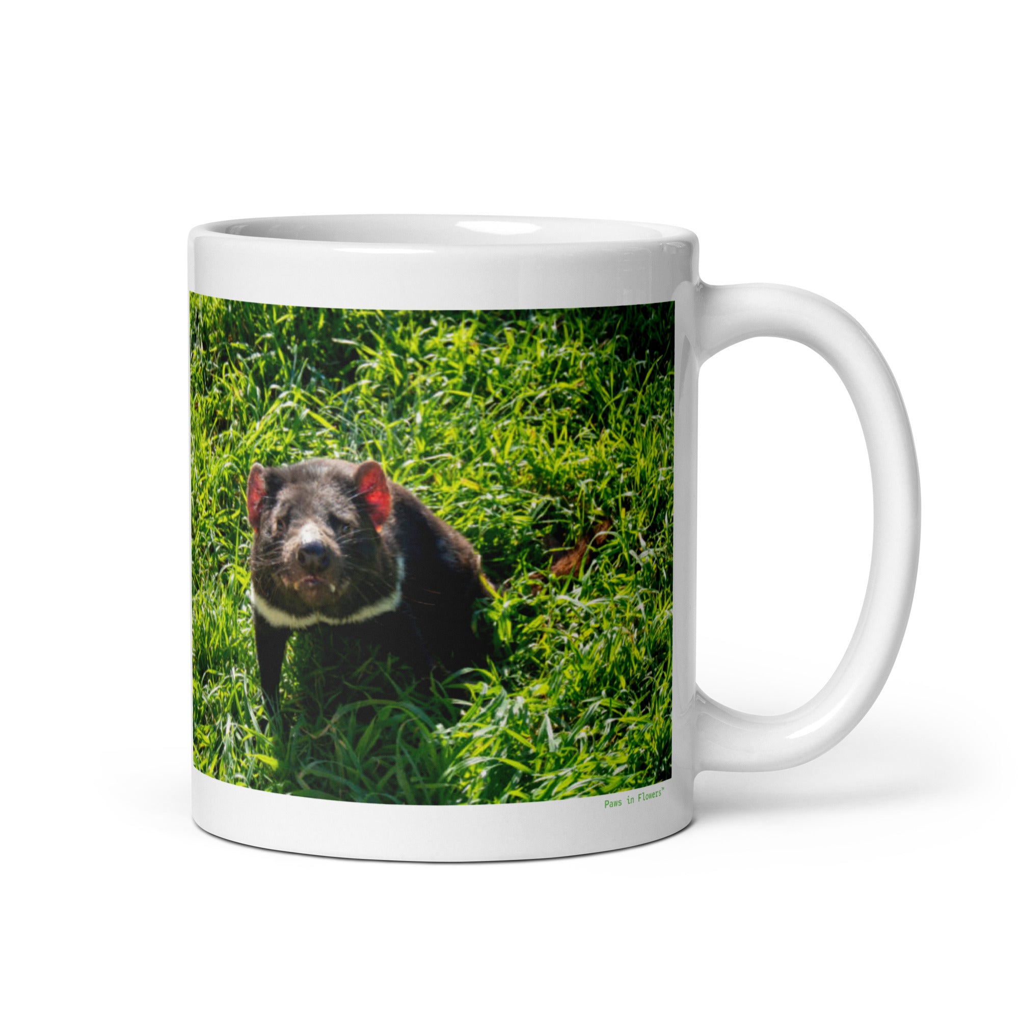 11 oz. white ceramic Tasmanian devil mug showing a Tasmanian devil in its natural habitat