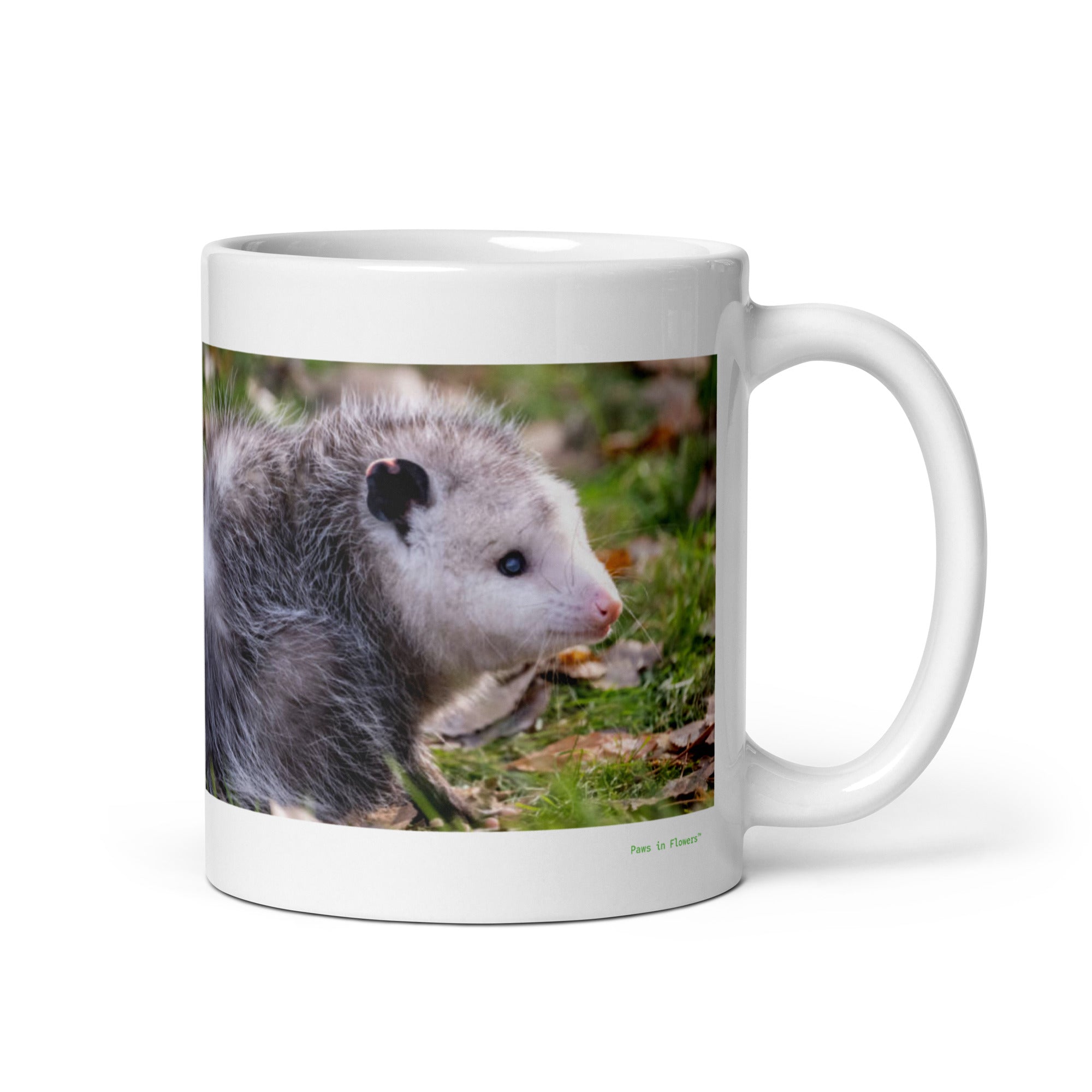 11 oz. white ceramic opossum mug showing an opossum in its natural habitat