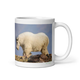 11 oz. white ceramic mountain goat mug showing a mountain goat in its natural habitat
