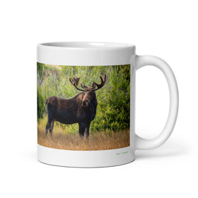11 oz. white ceramic moose mug showing a moose in its natural habitat