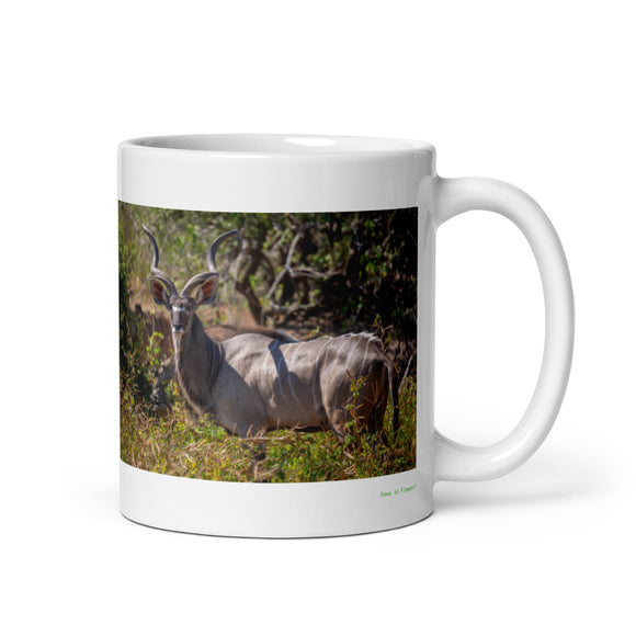 11 oz. white ceramic kudu mug showing a kudu in its natural habitat