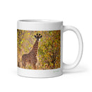11 oz. white ceramic giraffe mug showing a giraffe in its natural habitat