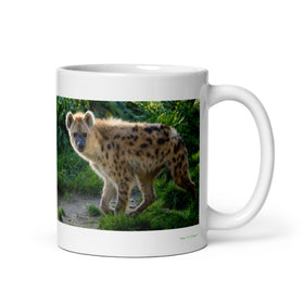11 oz. white ceramic hyena mug showing a hyena in its natural habitat