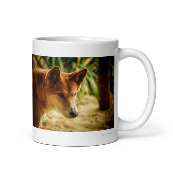 11 oz. white ceramic dingo mug showing a dingo in its natural habitat