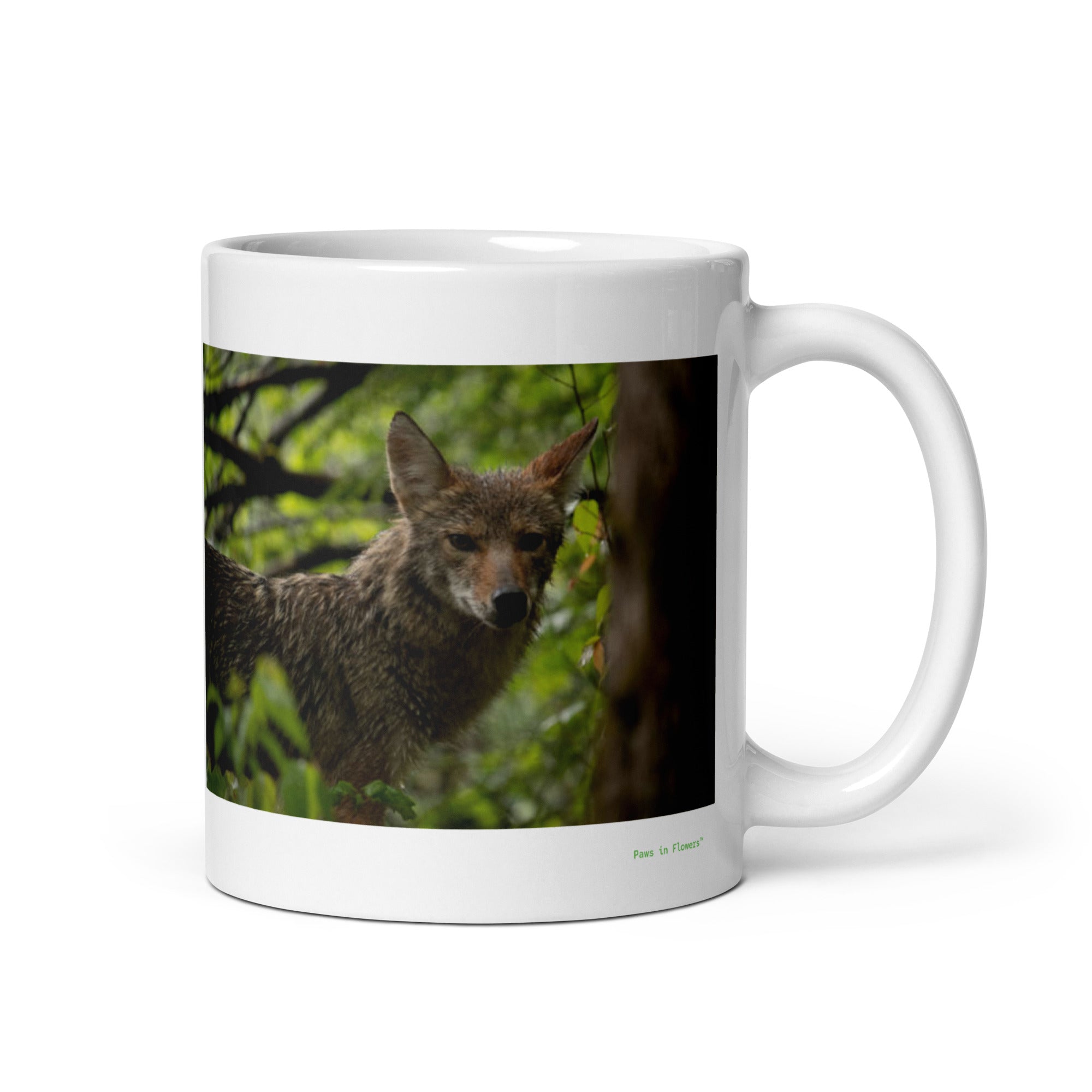 11 oz. white ceramic coyote mug showing a coyote in its natural habitat