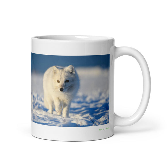 11 oz. white ceramic arctic fox mug showing an arctic fox in its natural habitat