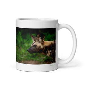 11 oz. white ceramic African wild dog mug showing an African wild dog in its natural habitat