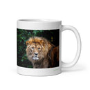 11 oz. white ceramic lion mug showing a lion in its natural habitat