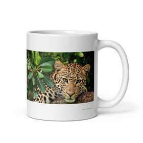 11 oz. white ceramic leopard mug showing a leopard in its natural habitat