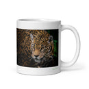 11 oz. white ceramic jaguar mug showing a jaguar in its natural habitat
