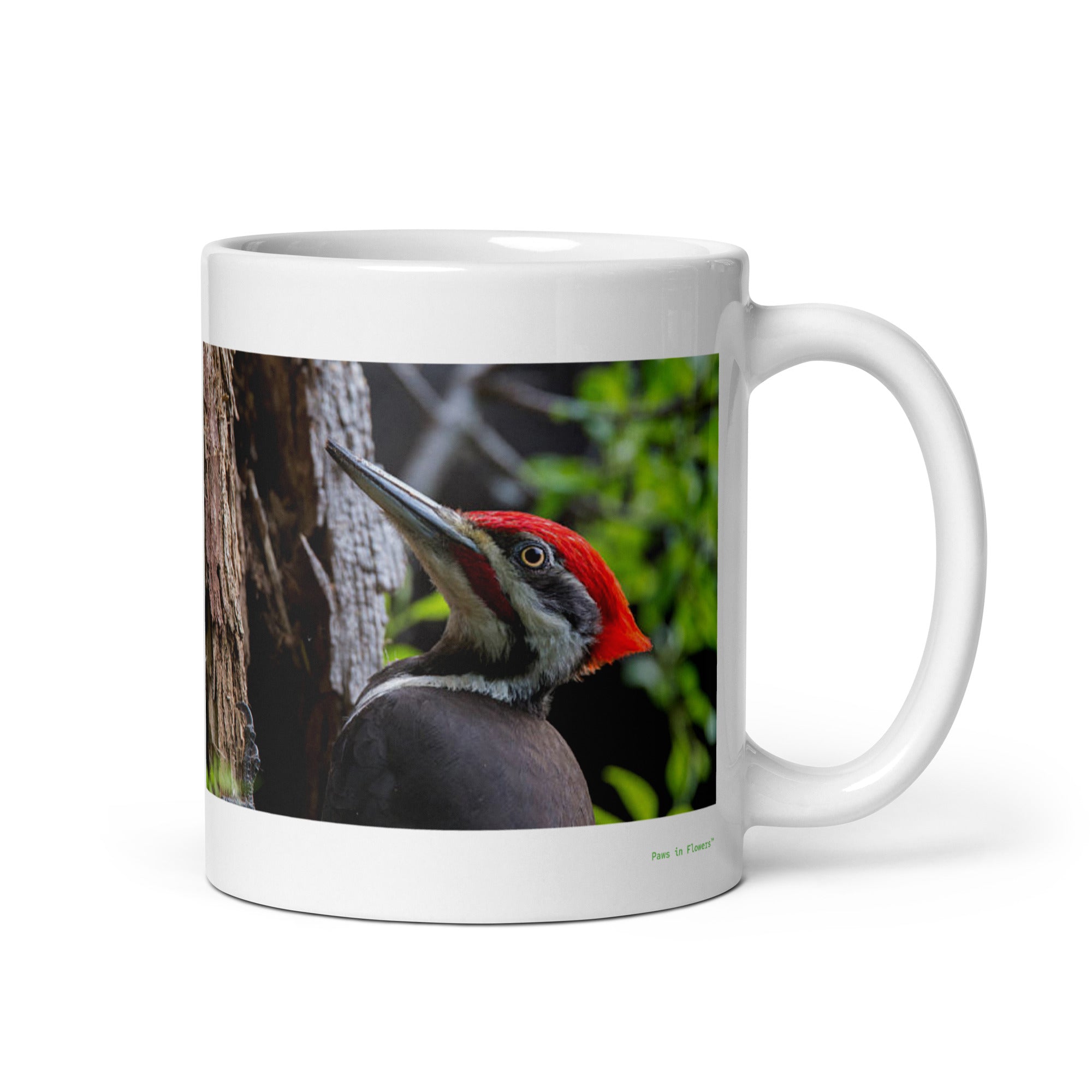 11 oz. white ceramic woodpecker mug showing a woodpecker in its natural habitat