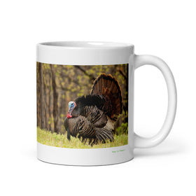 11 oz. white ceramic turkey bird mug showing a turkey bird in its natural habitat