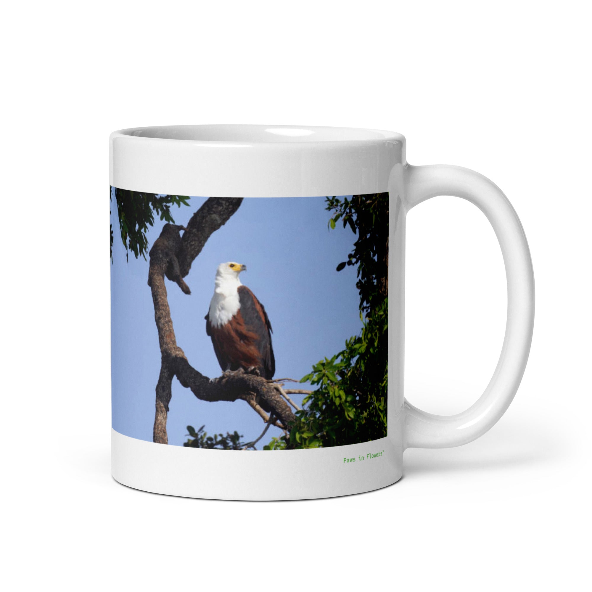 11 oz. white ceramic African fish eagle mug showing an African fish eagle in its natural habitat