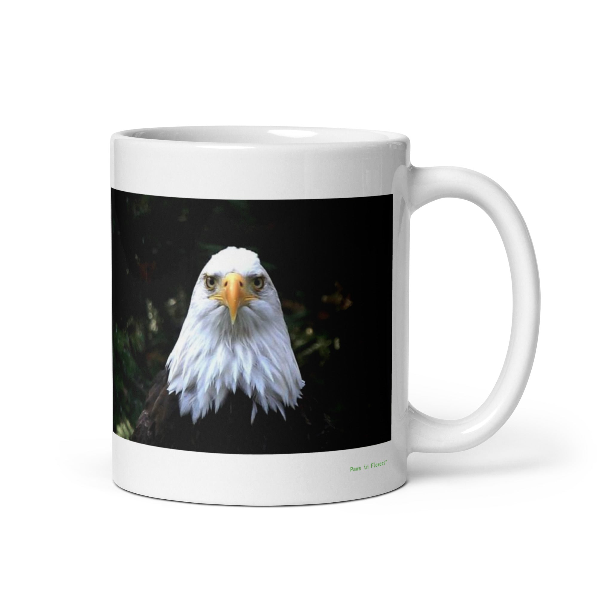 11 oz. white ceramic bald eagle mug showing a bald eagle in its natural habitat