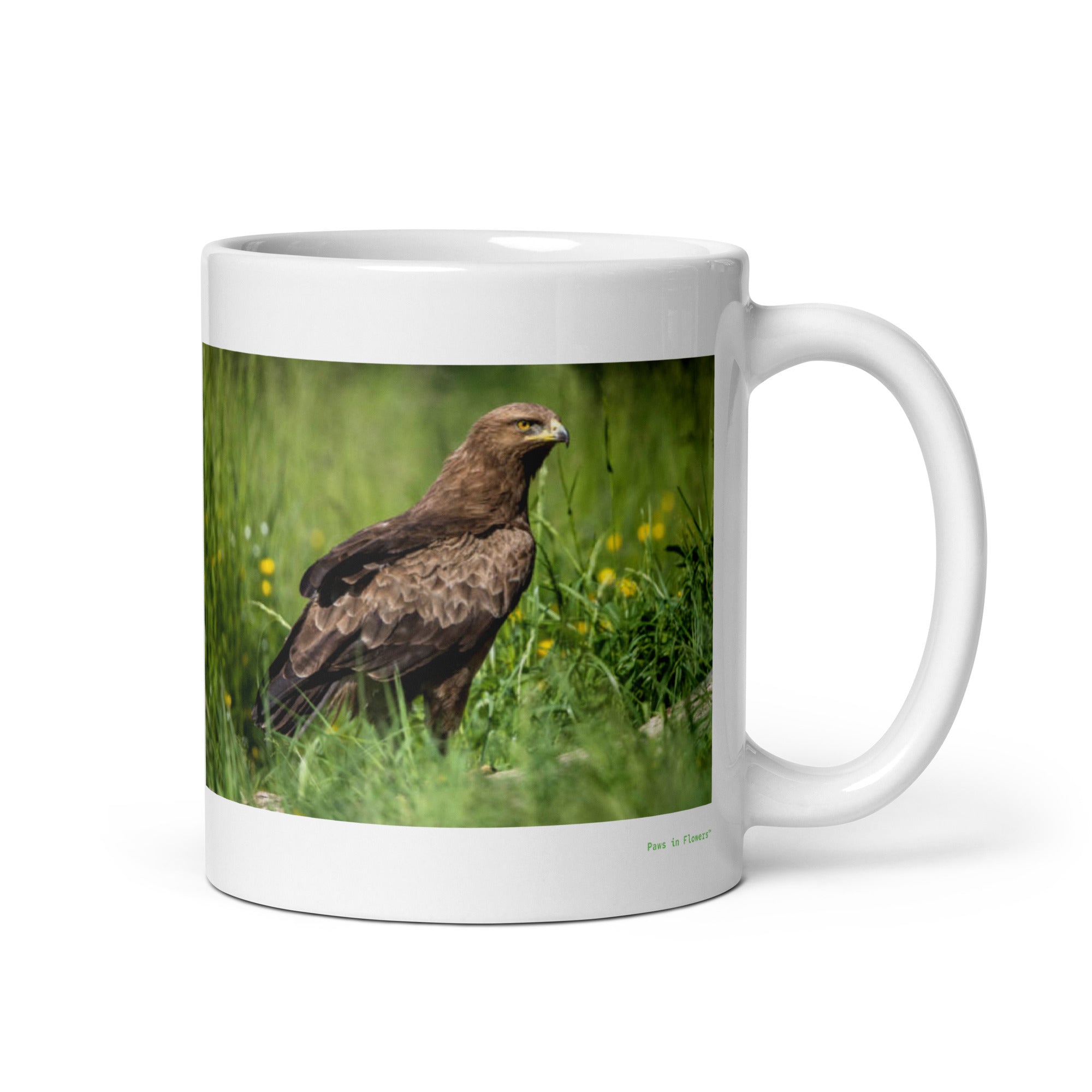 11 oz. white ceramic hawk mug showing a hawk in its natural habitat
