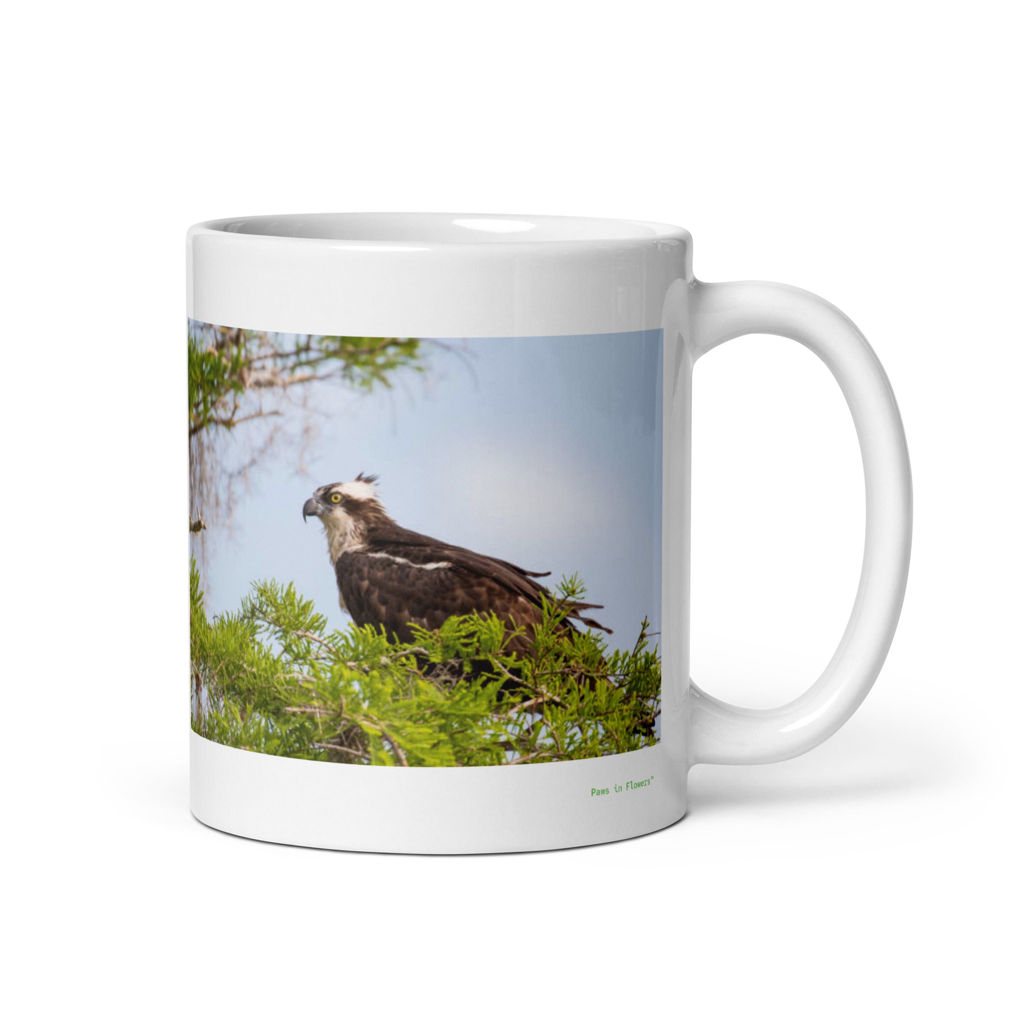 11 oz. white ceramic osprey mug showing an osprey in its natural habitat