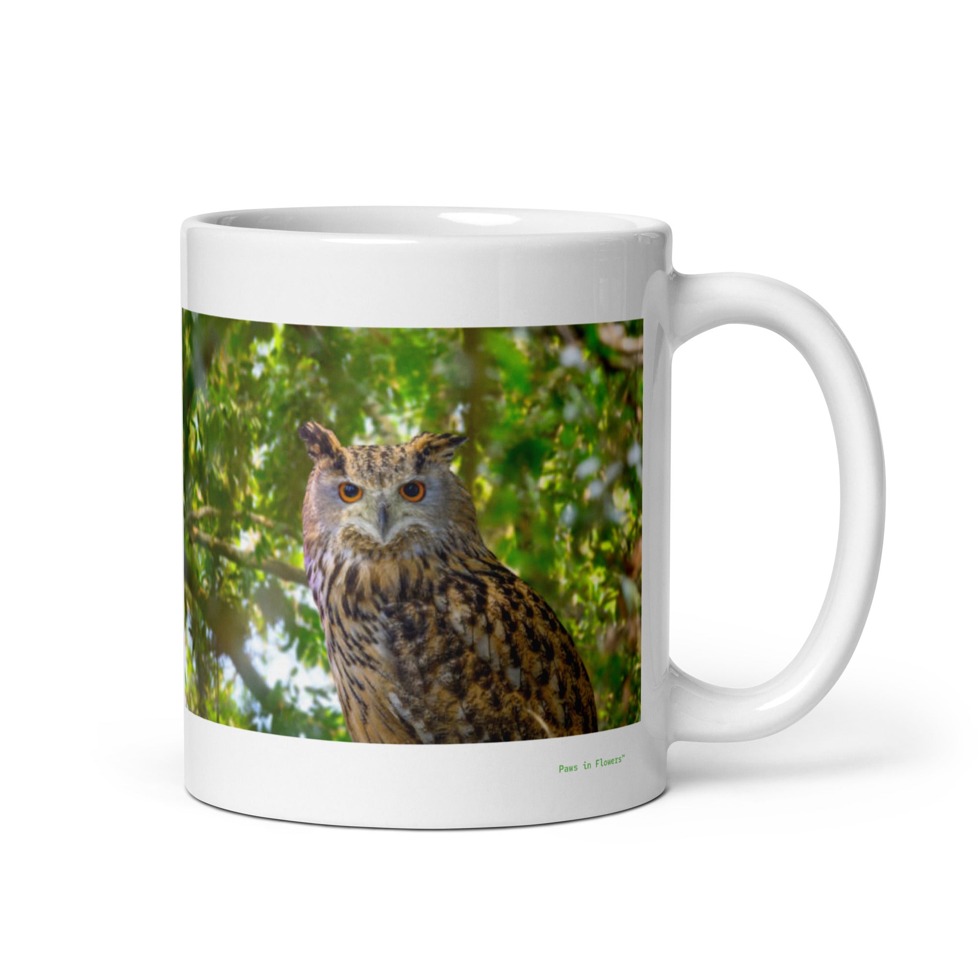 11 oz. white ceramic owl mug showing an owl in its natural habitat