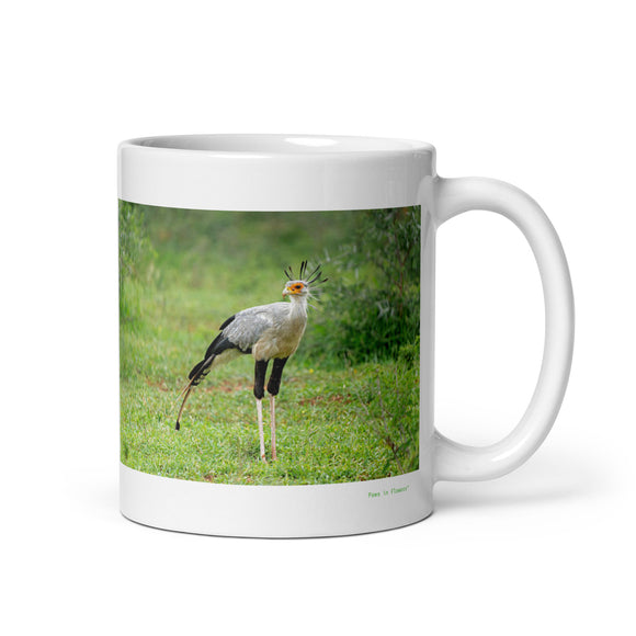11 oz. white ceramic secretary bird mug showing a secretary bird in its natural habitat