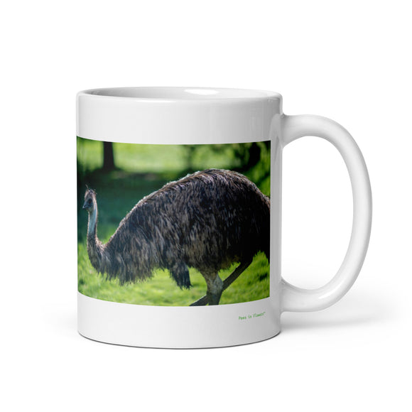 11 oz. white ceramic emu mug showing an emu in its natural habitat