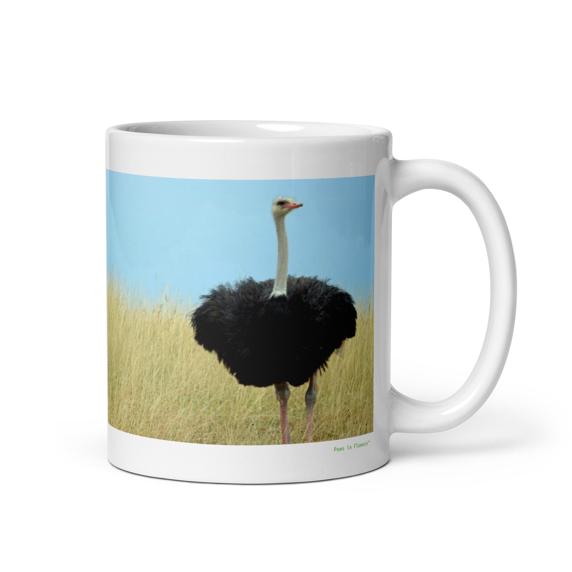 11 oz. white ceramic ostrich mug showing an ostrich in its natural habitat